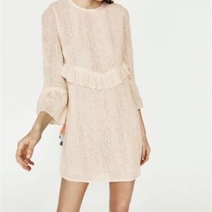 ZARA ECRU CROCHETED DRESS WITH TASSEL POM POMS